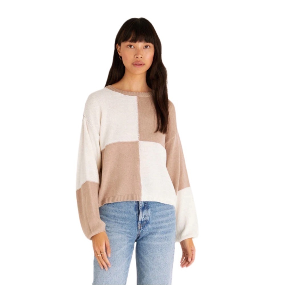 Z SUPPLY Solange Checkered Crew Neck Classic Neutral Basic Sweater Taupe SIZE XS